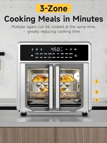 Kitchen Elite Air Fryer French Door Oven,15.8 Qt Toaster Oven Countertop Combo,18 Presets & 1 Preheat & Light, Airfryer Basket,Wire Rack,Baking Pan,Crumb Tray,Compact Design,Stainless Steel,Small