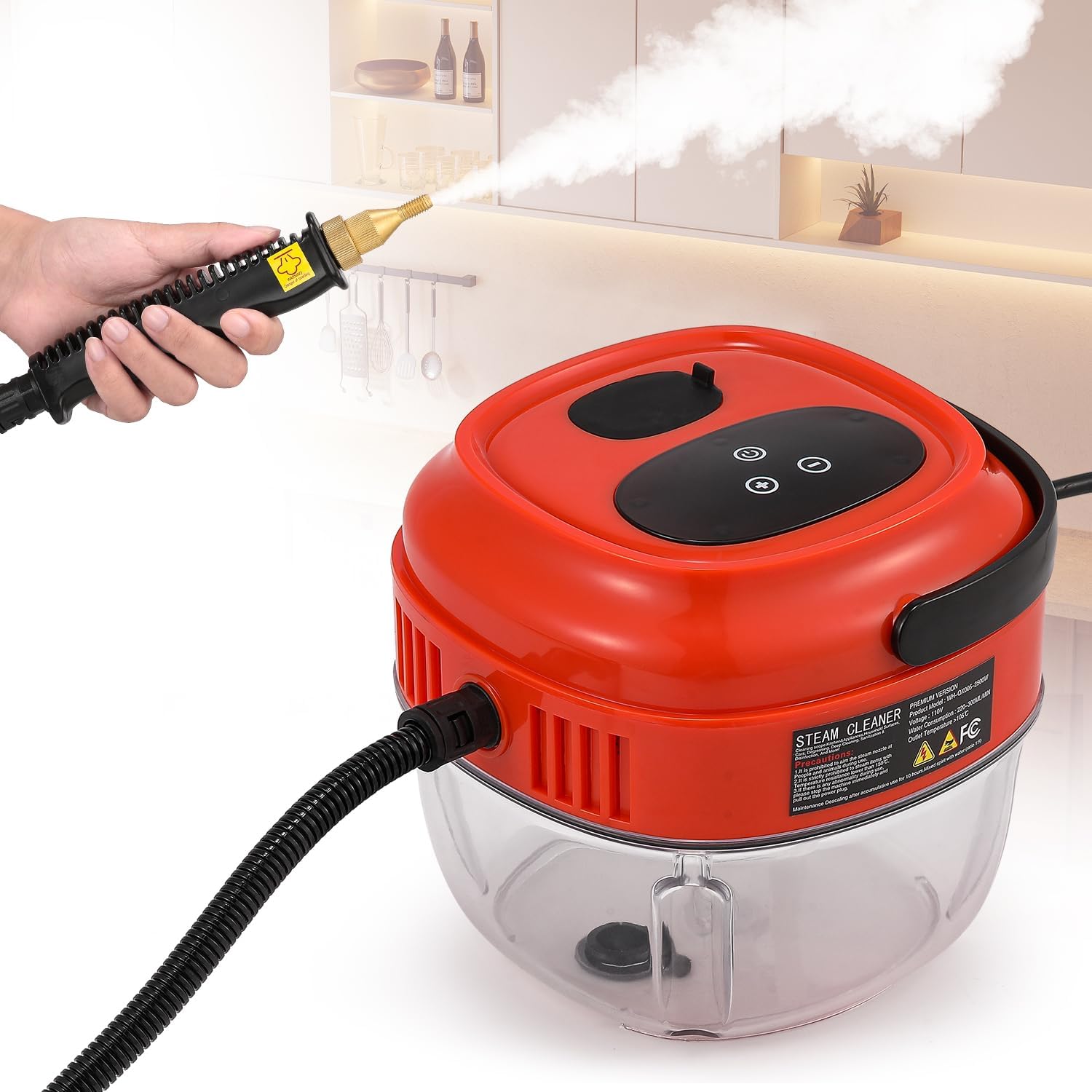 Handheld Steam Cleaner Touch Panel 2500W High Pressure Steamer for Cleaning Grout Tile Portable Steamer for Car Auto Home Small Power Cleaning Steamer with Drain Hole (Orange-red)