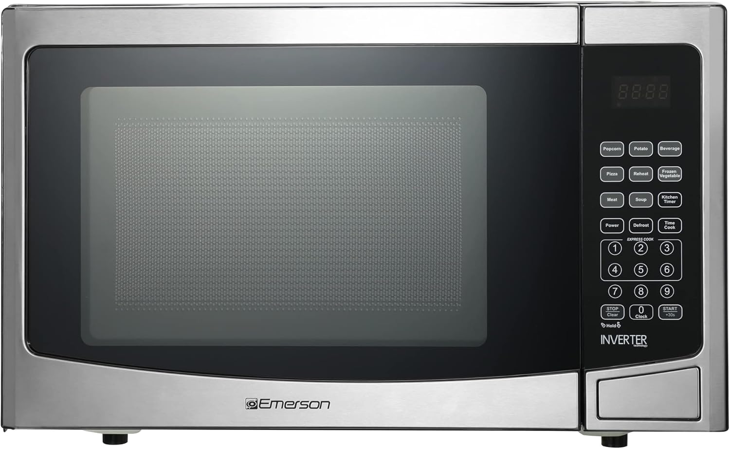 Emerson 1.2 Cu. Ft. Microwave Oven with Inverter, Timer & LED Display, 1000W, 10 Power Levels, 8 Pre-Programmed Settings, Removable Glass Turntable with Child Safe Lock, MWI1212SS, Stainless Steel