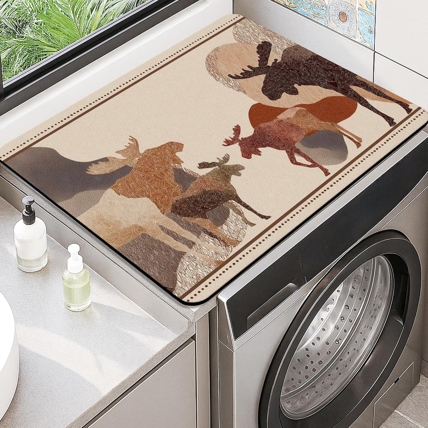 Moose Washer Dryer Top Protector Mat, Earthy Abstract Animal Design Laundry Machine Dust Cover, Rustic Nature Rubber Anti-slip Waterproof Washer And Dryer Mats for Home 20x24 Inch