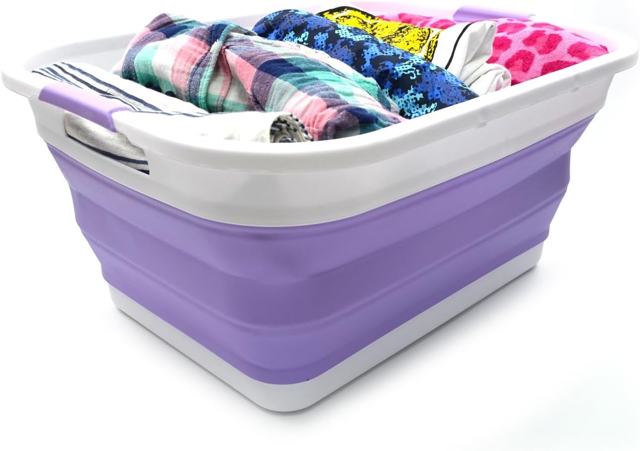 SAMMART 41L (10.8 gallon) Collapsible Plastic Laundry Basket-Foldable Pop Up Storage Container/Organizer-Portable Washing Tub-Space Saving, Water capacity: 32L (8.4 gallon) (Rectangular, Lt. Purple)