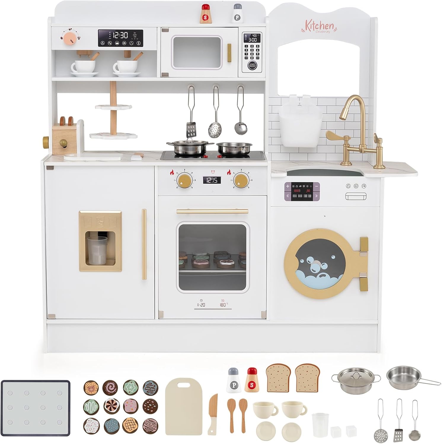 Costzon Kids Kitchen Playset, Toddler Wooden Pretend Playset w/Real Lights & Sounds, Faucet, Microwave Oven, Coffee Machine, Toaster & Ice Dispenser, Little Chef Play Kitchen for Kids Aged 3+ (White)