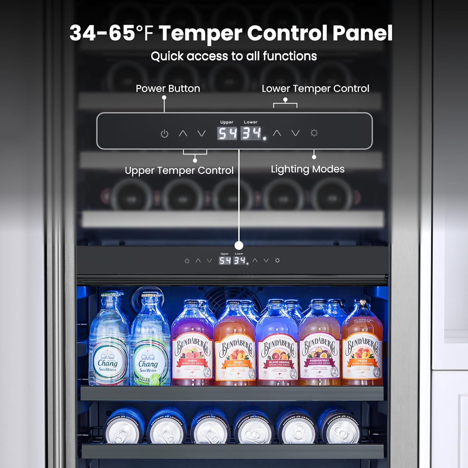 Yeego Wine Fridge – 24 Inch Wine and Beverage Cooler 34°F-65°F, 304 Stainless Steel Glass Door Lock, Temp Memory Blue & White LED Built-in Fridge Right-hand Opening with Drawer (182 Can+77 Bottle)