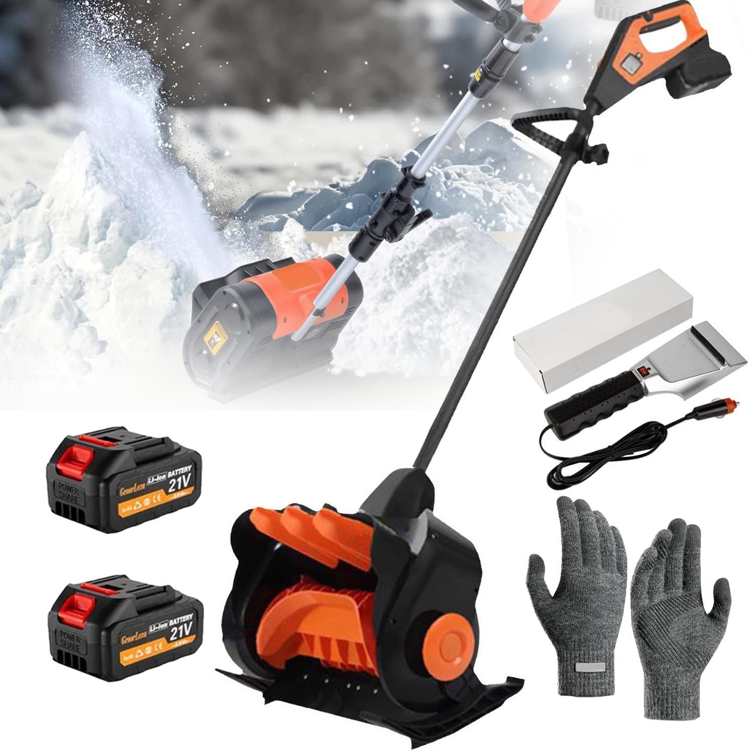 Snow Thrower Power Shovel-Cordless Rechargeable 21v, 41cm Width, 15cm Depth,10m Throwing Distance, Electric Snow Blower+ Gloves+Heated Snow Shovel-2 Battery/1 Charger,Orange