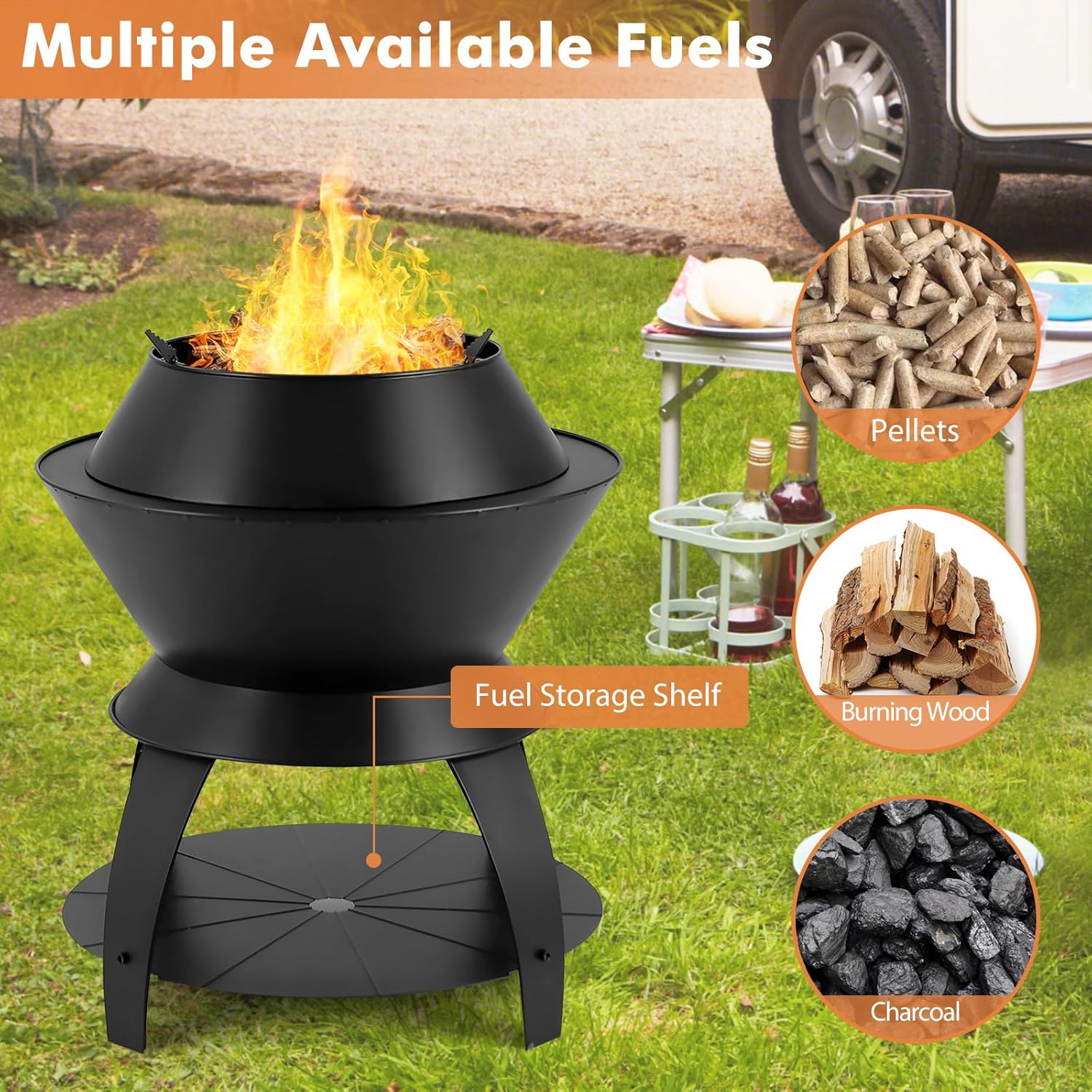 Tangkula Outdoor Fire Pit, 20 Inch Metal Fire Bowl with Pot Holder & Storage Shelf, Oxygen-Enriched Burning, 3-in-1 Wood Buring Firepit Fireplace for Patio, Camping, BBQ, Backyard