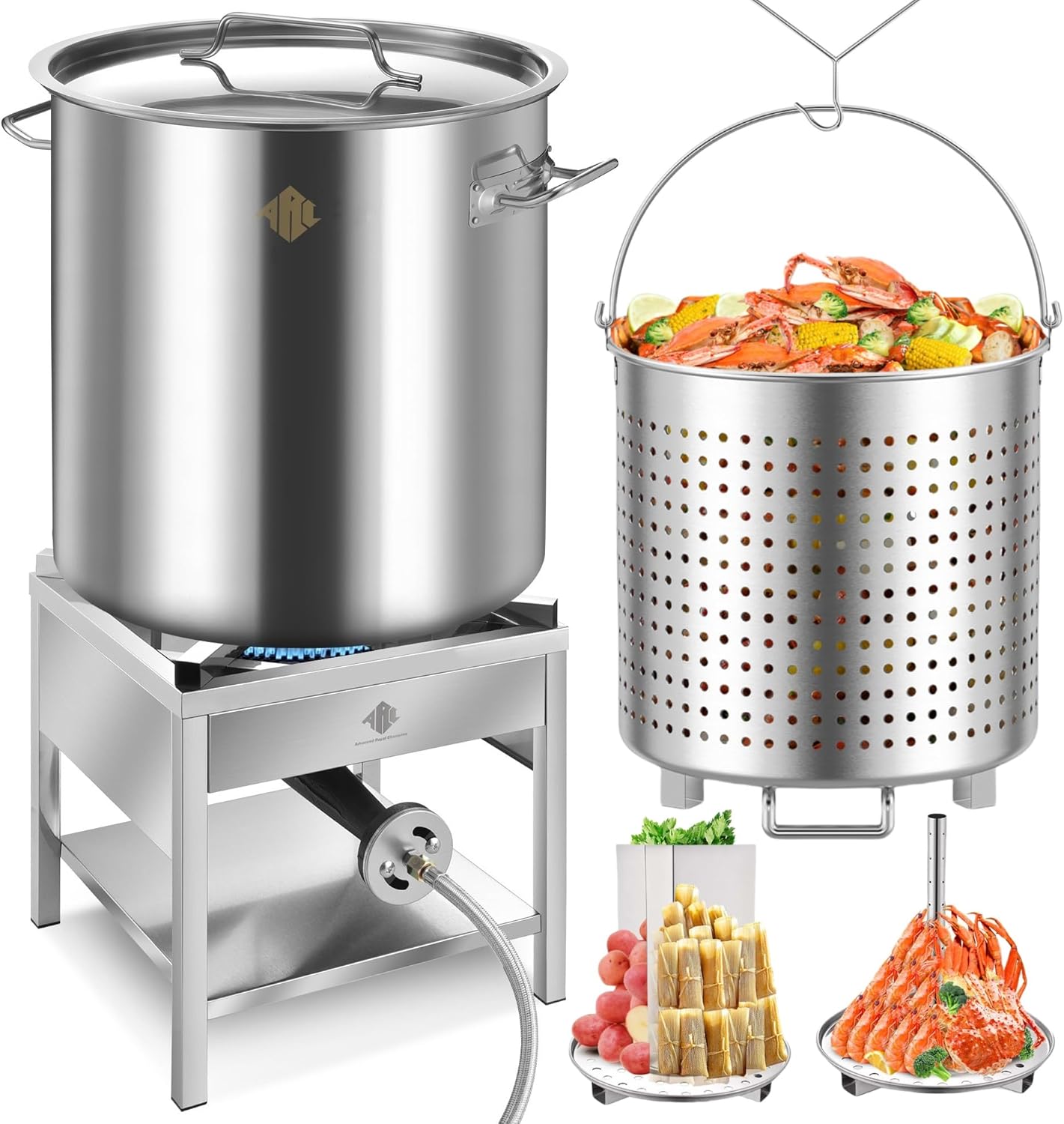 ARC 84QT Stainless Steel Pot with 200,000 BTU Propane Burner - Seafood Boil Pot, Crab Boil Pot, Lobster Pot, Shrimp Boil Pot, Tamale Steamer Pot with Basket and Turkey Fryer Burner