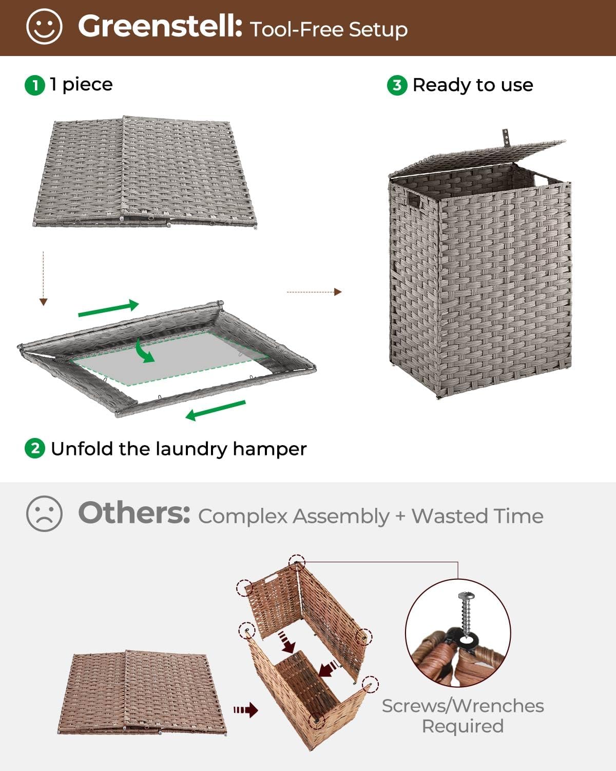 Greenstell Laundry Hamper with 2 Removable Liner Bags - 90L Divided Clothes Hamper, Handwoven Synthetic Rattan Foldable Laundry Basket with Lid and Handles Gray (18.3x13.3x24.0Inches)