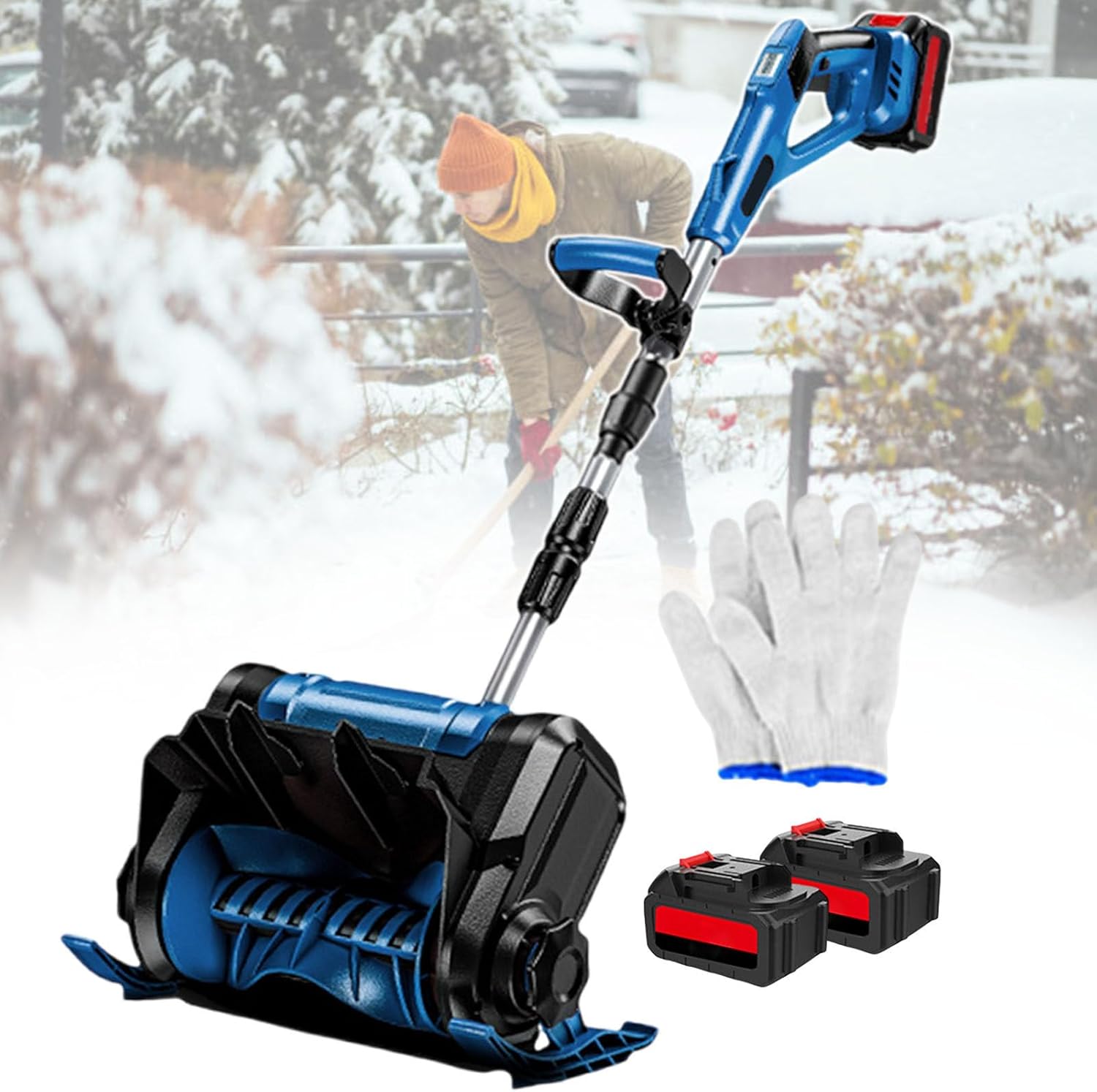 Electric Snow Shovel.Cordless Snow Blower,3000 mAh Battery Snow Thrower w/Foldable Pole + Dual Switch,3000 RPM,Cleaning Width of Up to 30 cm,for Courtyard (Blue 2batteries)