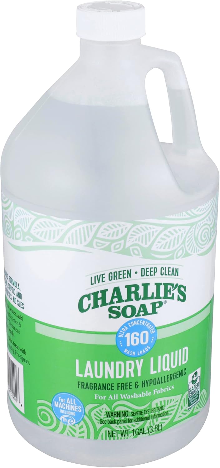 Charlie’s Soap Laundry Liquid with Pump (160 Loads, 1 Pack) Natural Deep Cleaning Hypoallergenic Laundry Detergent – Eco-Friendly, Safe and Effective