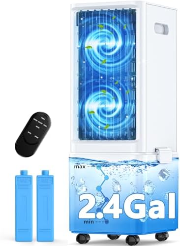 Windowless Air Conditioner w/ 4 Modes & 3 Speeds, Waterless Alert, 2.4-Gal Tank for 20H Cooling, 12H Timer, 20FT Remote, 70° Auto Swing Evaporative Air Cooler, Portable AC Unit for Bedroom