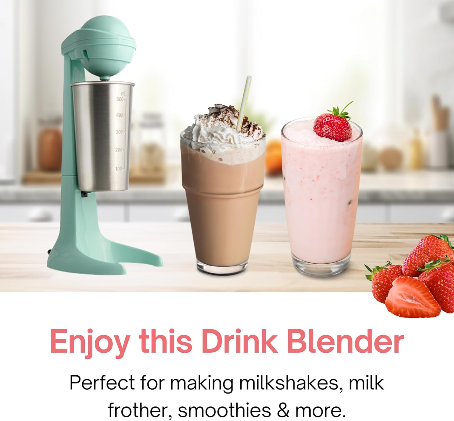 Electric Milkshake Blender & Frother Restaurant Quality Smoothie Maker Easy Clean Drink Blender with 16.9 oz. Stainless Steel Cup