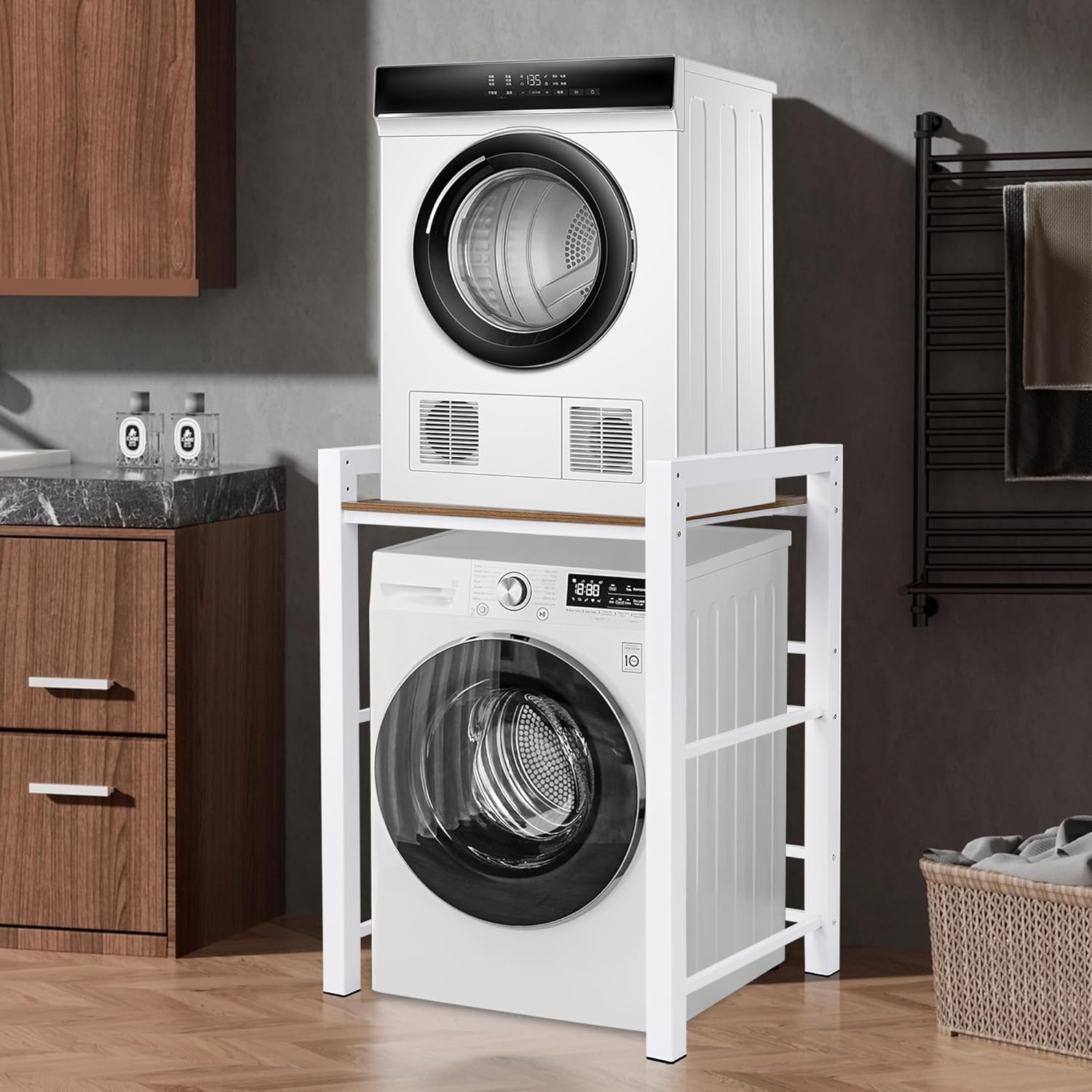 Washer Dryer Stacking Rack Stand, Over Washer and Dryer Shelves, 3 Height Adjustable Over The Washer and Dryer Storage Shelf, Laundry Shelves Load Capacity 300 kg, for Bathrooms Laundry Rooms (White)