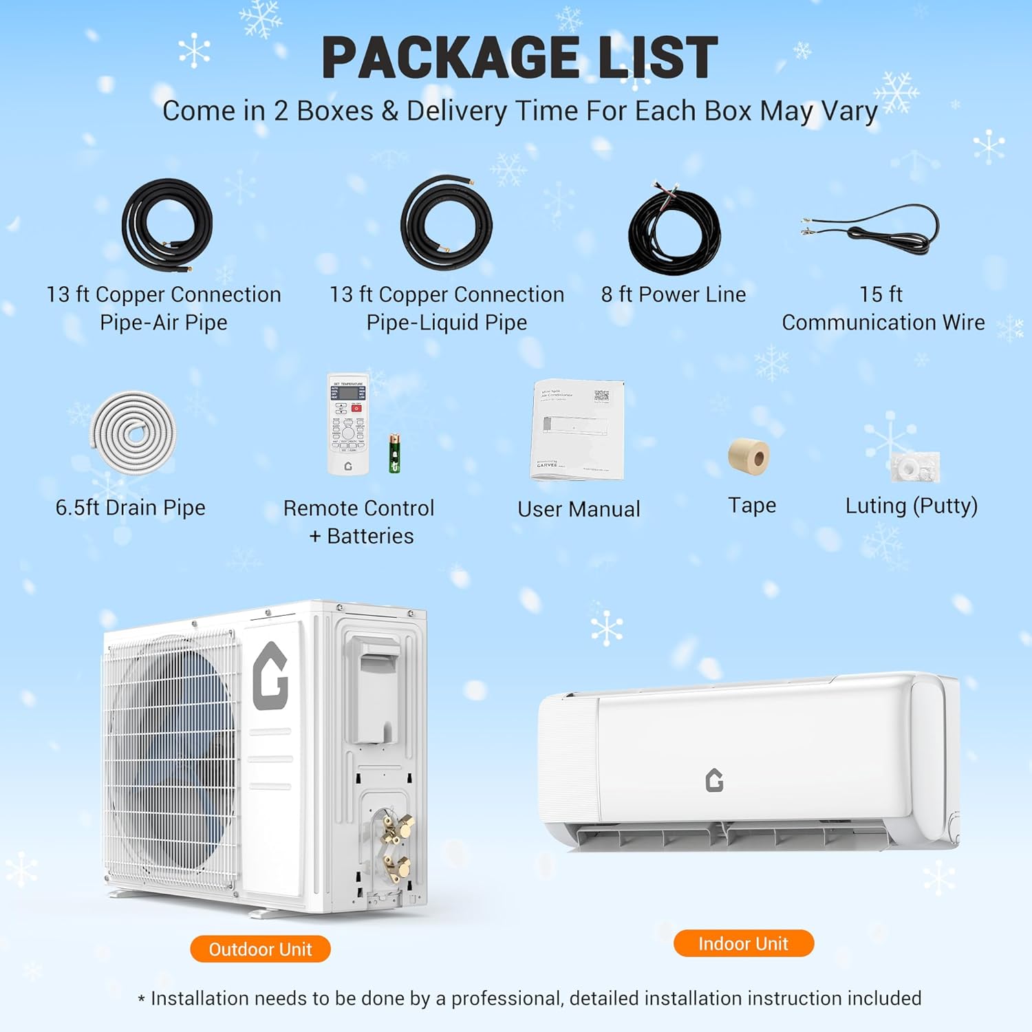 12000 BTU Mini-Split Air Conditioner & Heat Pump System, Cooling and Heating Up to 750 Sq. Ft, 22 SEER2 Smart Inverter Energy Efficient Ductless AC, Easy Installation Kit Included, Quiet Operation