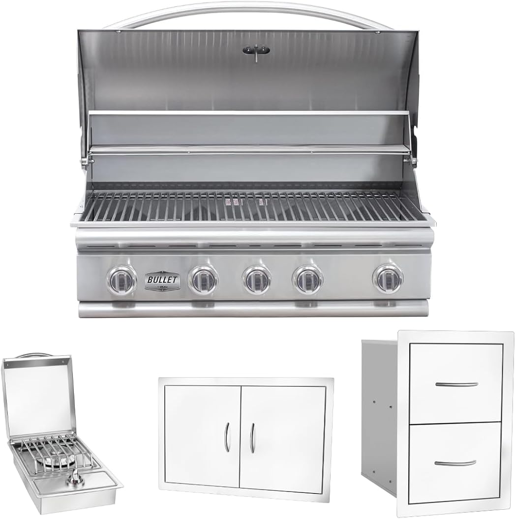 Bullet by Bull Stainless Steel Outdoor Kitchen Grill Set - Built-In Liquid Propane Grill -BBQ Kitchen Island Bundle - Includes 5 Burner Grill, Side Burner, Double Access Door & Double Storage Drawer