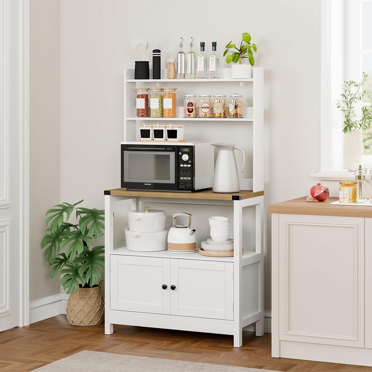 Microwave Stand Bakers Rack Cabinet, Freestanding 5-Tier Kitchen Shelves, Farmhouse Floor Hutch Door Thickened Counter,Utility Storage Shelf, Coffee Bar(White and Brown)