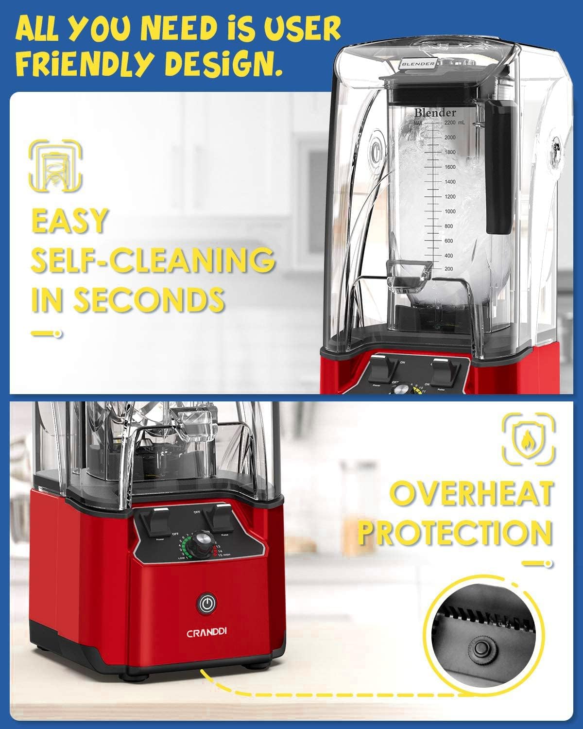 CRANDDI Commercial Quiet Blender, 2200 Watt Professional Countertop Blender with 80oz Pitcher, Built-in Pulse & 15-speeds Control, Smoothie Blender for Commercial and Home, K90 Red