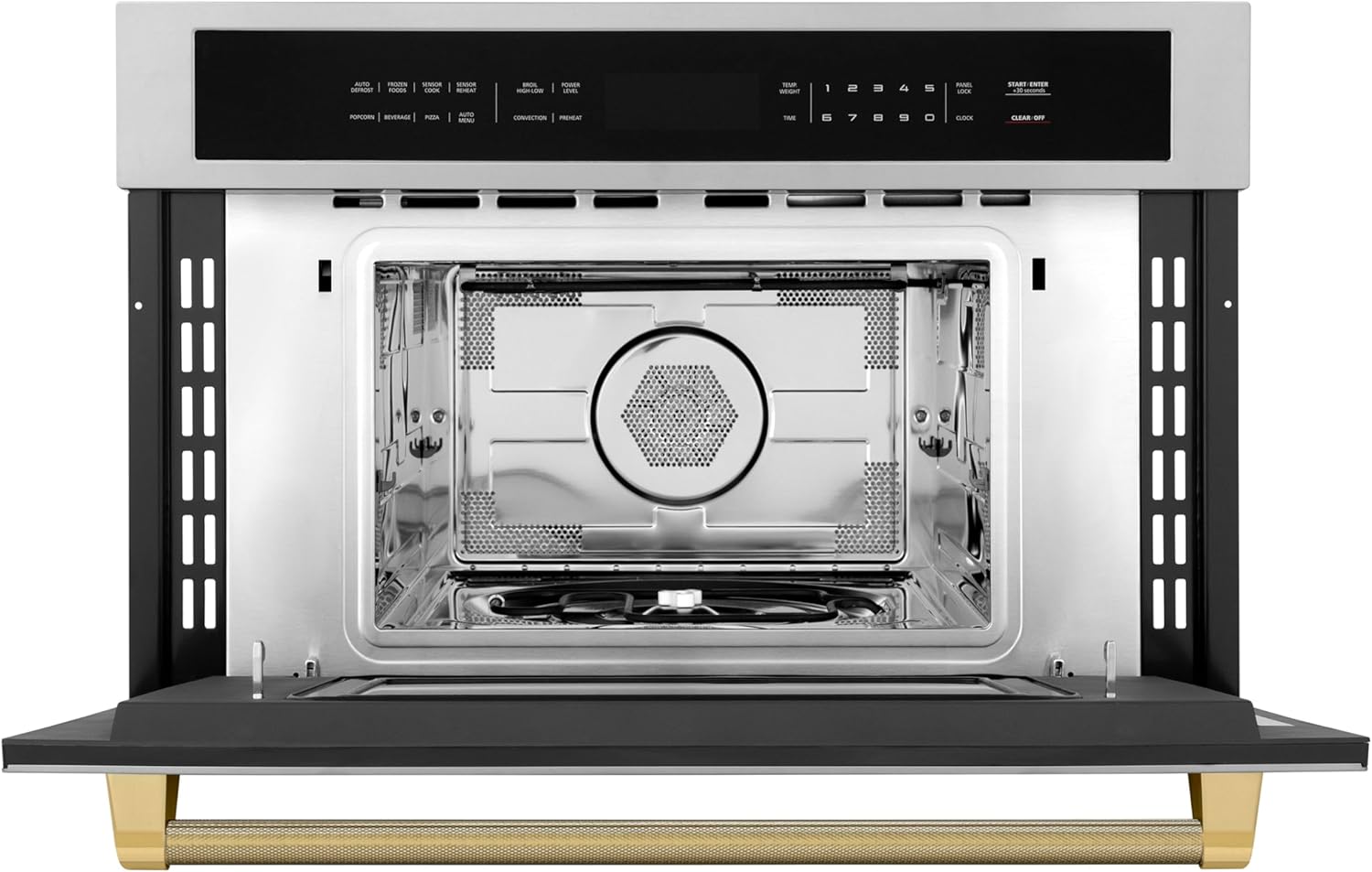 ZLINE Autograph Edition 30 in. 1.6 cu ft. Built-in Convection Microwave Oven in Stainless Steel and Polished Gold Helix Handle (MWOZ-30-KG)