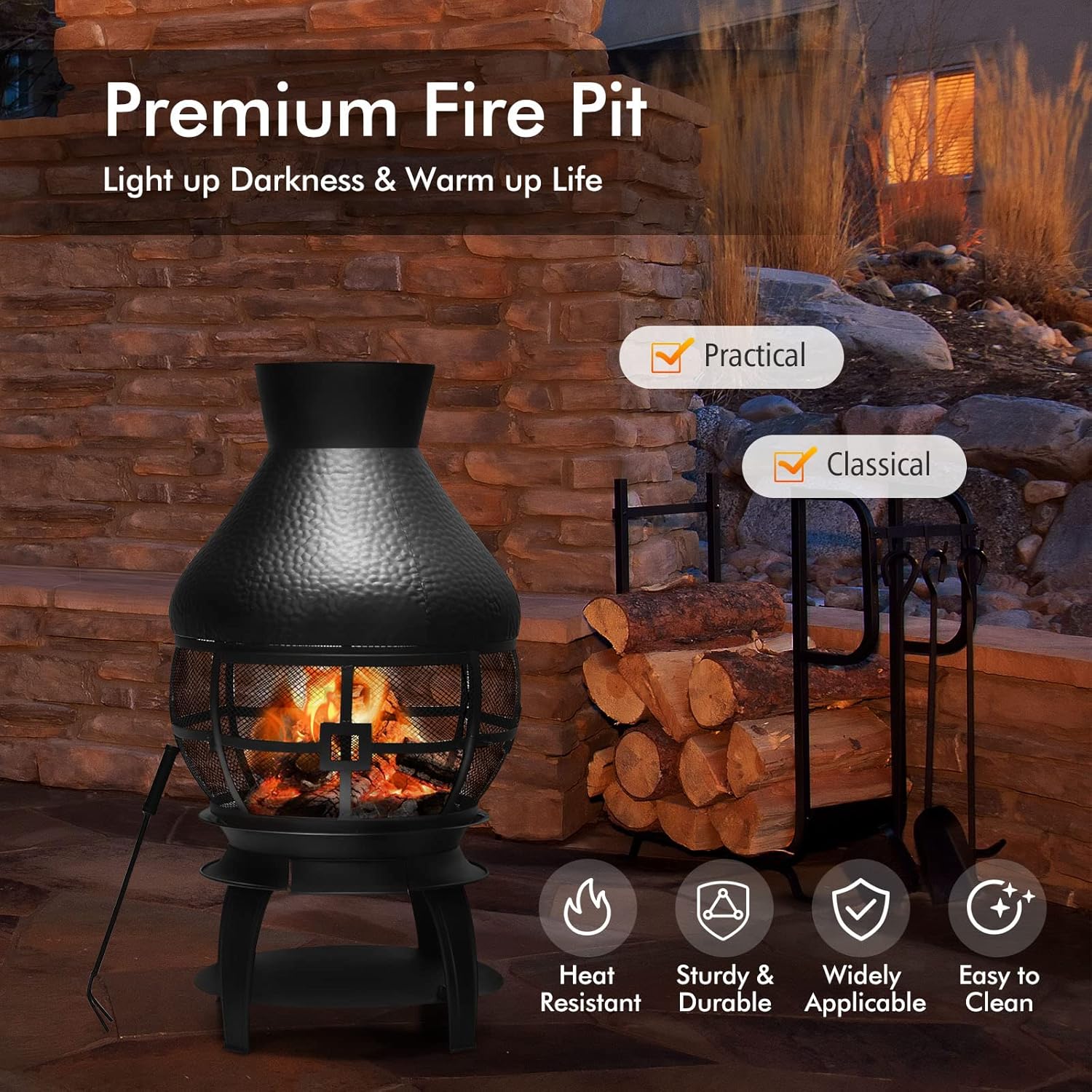 Giantex Wood Burning Chiminea, Heavy Duty Fireplace Chiminea Wooden Fire Pit with 2-Piece Log Grate, Premium Rain Cap & Fire Poker, 360°Fire Retardant Mesh Cover, Ideal for Garden, Patio, Backyard