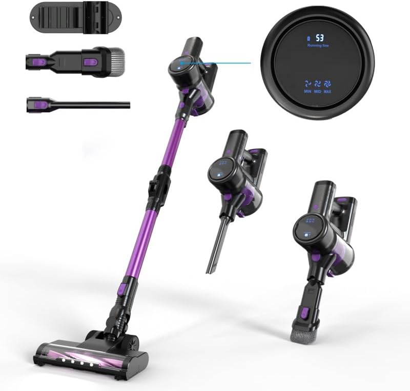 Home Portable Vacuum Cleaner,High suction250W10~22KPA 18~45Mins Runtime, Stick Vacuum with Charging Dock Station Removable Battery, Handheld Vacuum for Pet Hair/Carpet/Floor/Car (Purple)