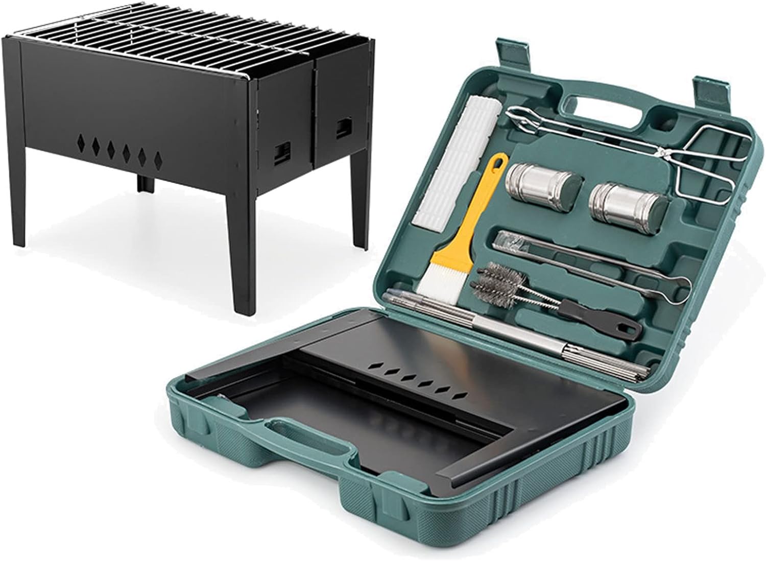 BBQ Tools Set with Foldable Grill and Storage Case, Grill Accessories, Portable Grilling SIL Kit - Camping Kitchen SIL Set for Cooking and Camping Gril，