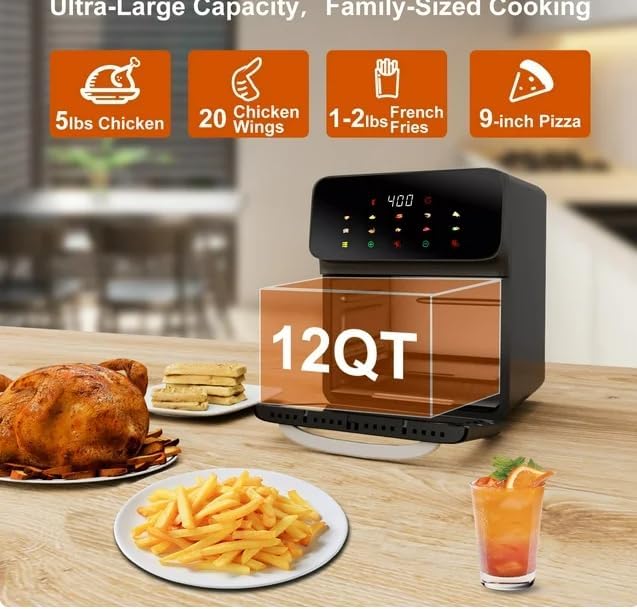 Generic Air Fryer 12QT Convection Oven with 10-in-1 Multi Function, Visible Window and Touchscreen, Black