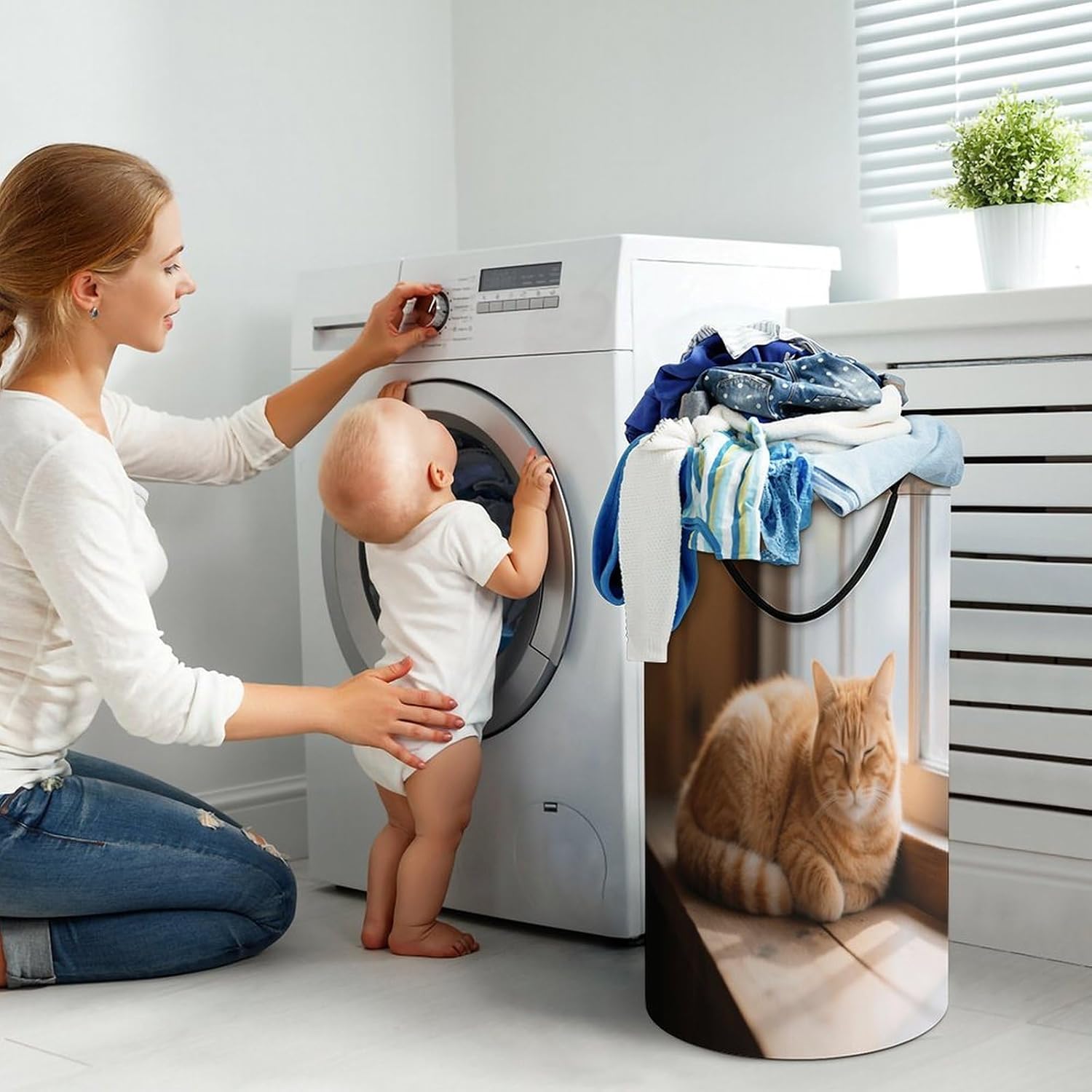 86L Large Laundry Hamper Orange Cat Patterned Dirty Laundry Hamper Foldable Laundry Bag with Handle Suitable for Bedroom Living Room And Bathroom Washing Machine