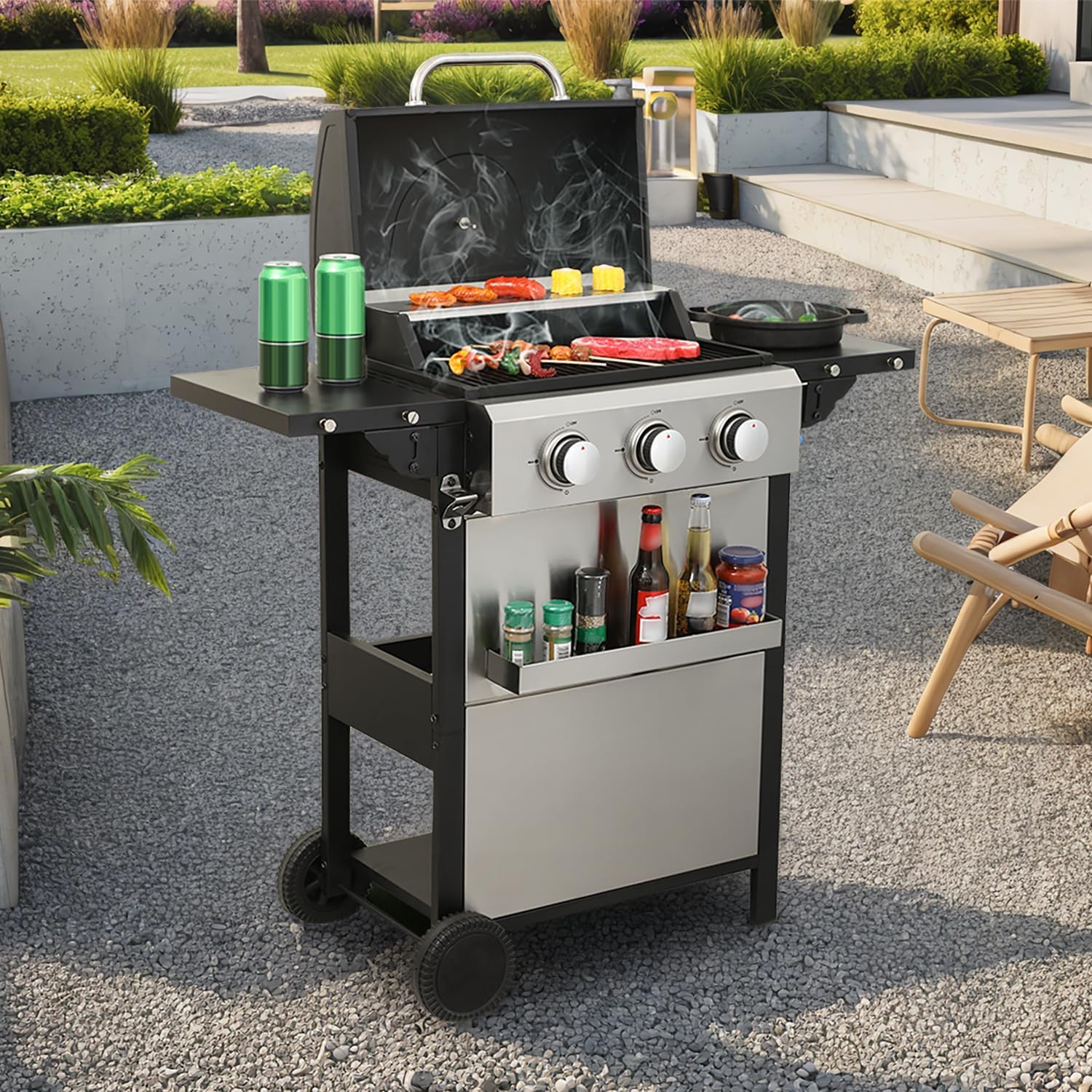 3-Burner Propane Gas BBQ Grill, Stainless Steel Grill with Wheels & Foldable Side Table for Outdoor Barbecue Cooking, 25650 BTU Output Outdoor Cabinet Style BBQ Grills