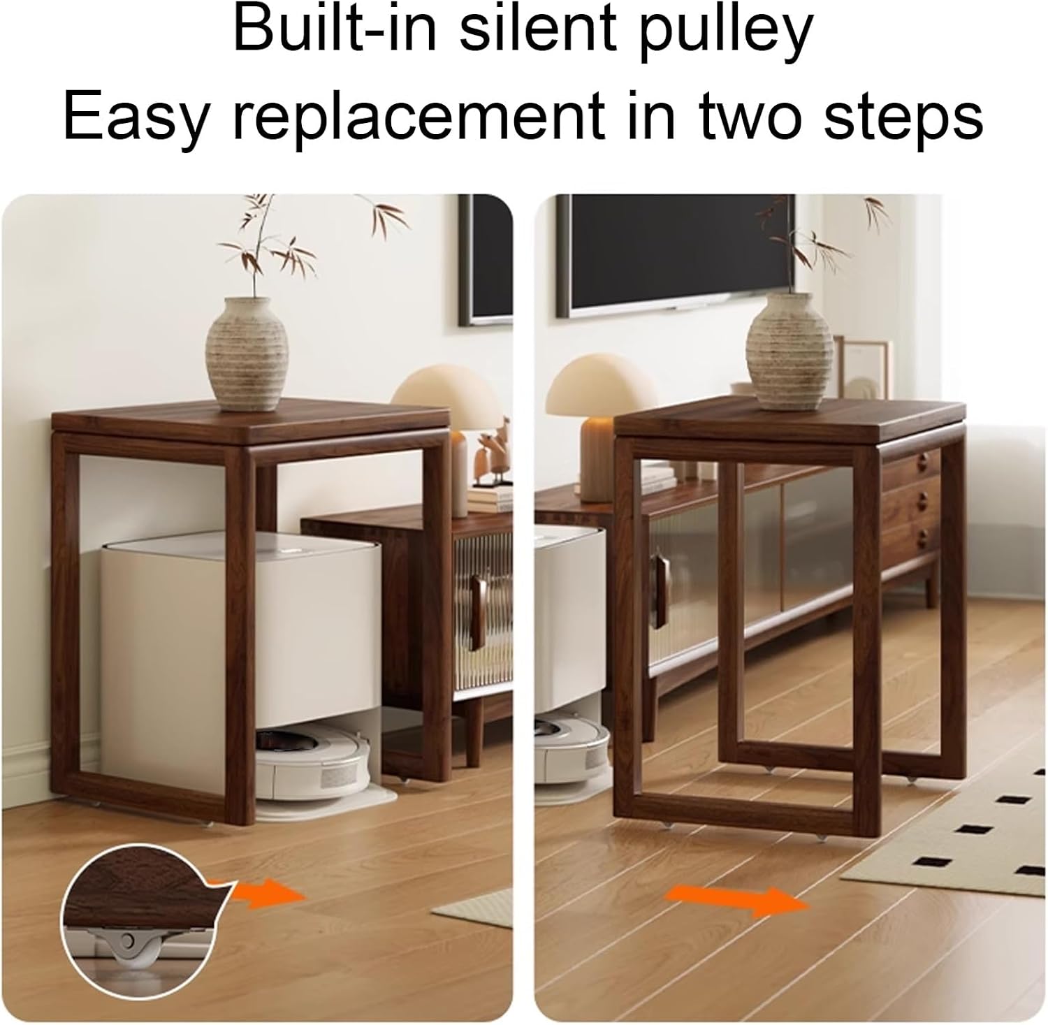 Robot Vacuum Storage Side Table End Table Cabinet Solid Wood Sweeping Robot Storage Cabinet Push-Pull Roller Design for Living Room Kitchen Hallway(Natural)