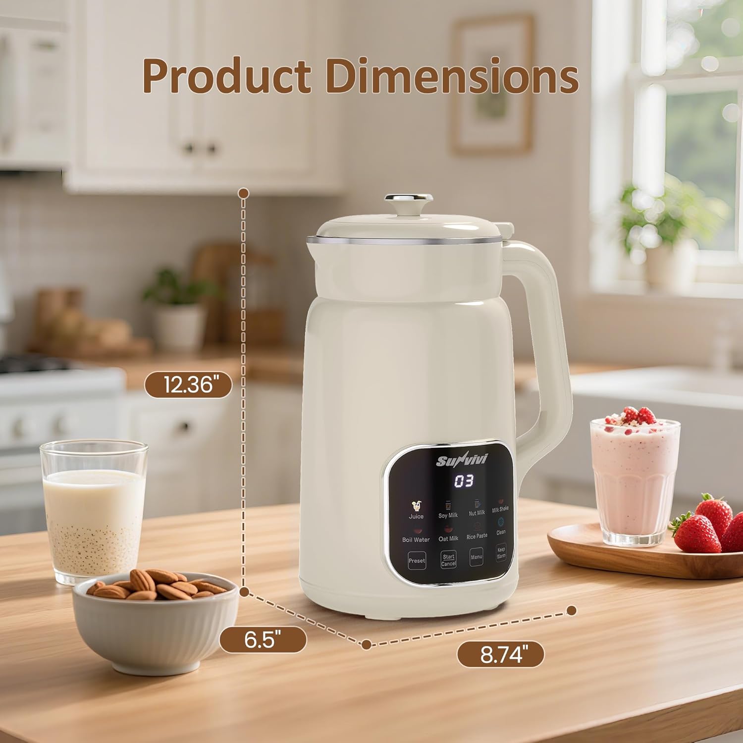 Sunvivi 8 in 1 Nut Milk Maker Machine: 60oz Soy Milk Maker for Soy/Nut/Oat Milk, Juice, Milkshake, Rice Paste and Boil Water, Countertop Blender with Delay Start/Keep Warm/Self Clean, Food Processor