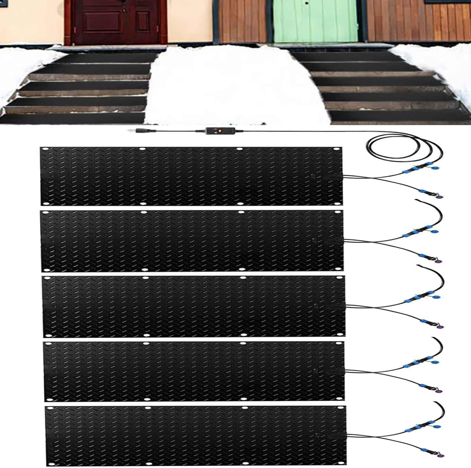 Heated Snow Melting Mats, 1/2/3/4/5 pcs Non Slip Rubber Heated Mat,Winter Snow and Ice Melting Mat 2 in/h Speed Melting for Winter Outdoor Stairs Doorways Walkways(5 Pcs,10x48in/(25.4x121.9 cm