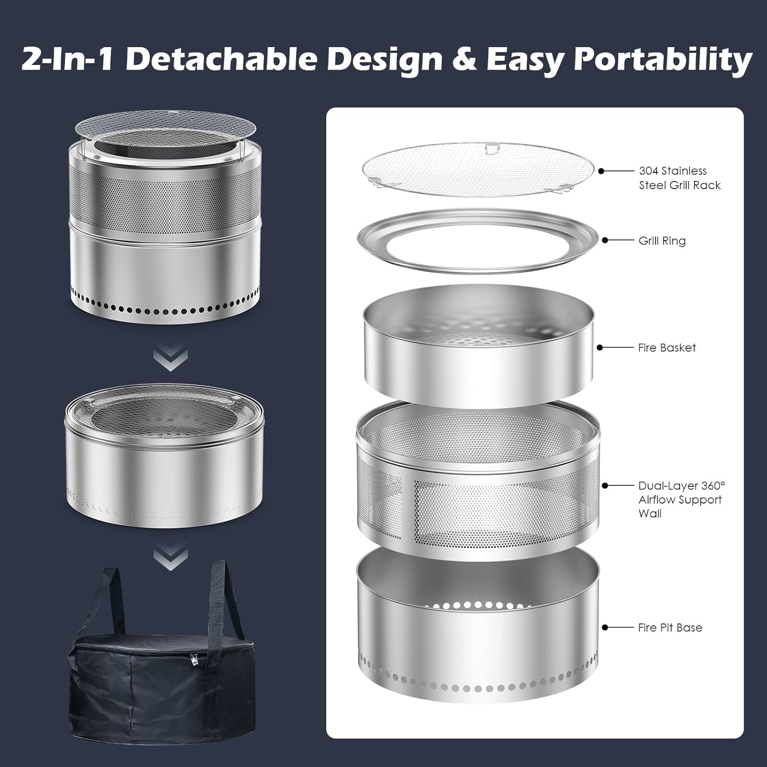 20 Inch Smokeless Fire Pit, Outdoor Double-Wall Airflow Stainless Steel Firepit with Grill Rack & Ash Pan, 360° Airflow Bonfire Stove Design, Efficient Wood Burning, Portable for Camping & Gatherings