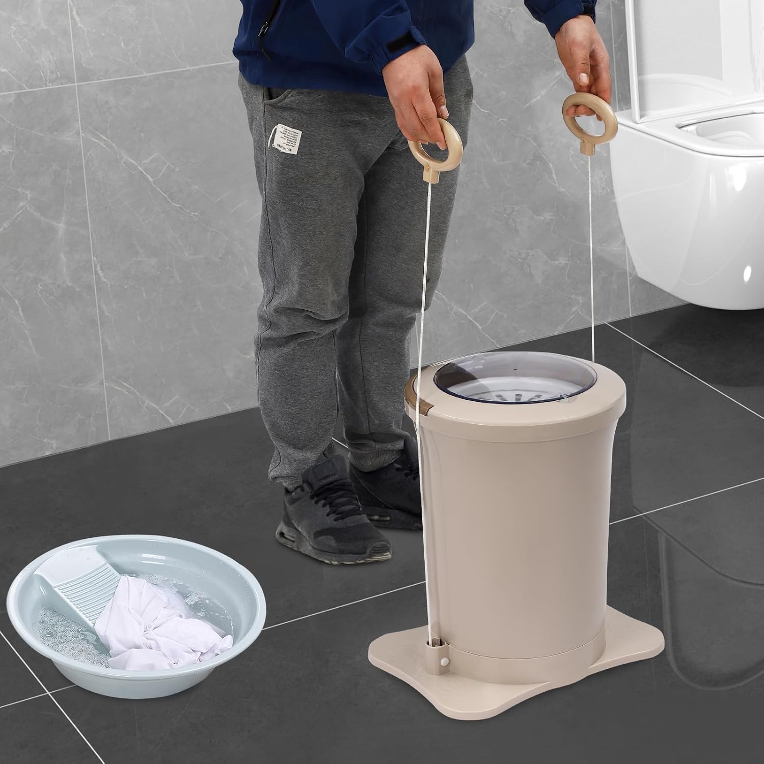 Manual Clothes Dehydrator 12L/3.17Gal Portable Mini Dryer Compact Spinner, Non-Electric Laundry Washing Machine with Drain Hole & Wide Pedal for Camping Traveling School Hotel (Apricot)