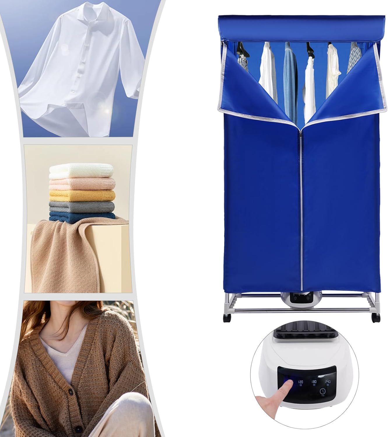 Clothes Dryer, 110V 1200-1500W Portable Travel Drying Machine Foldable Electric Clothes Dryer with Screen Touch Adjustable Time for Home,Laundry,Apartment (Blue, Screen Touch)