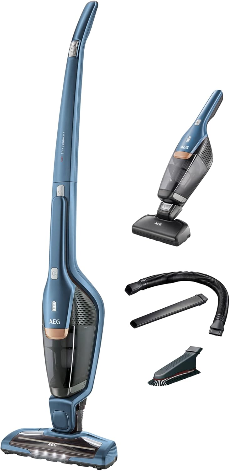 AEG Ergorapido CX7-2-I360 2-in-1 Battery Vacuum Cleaner, Bagless, Pet Hair Nozzle and Accessory Set, Up to 45 Minutes Running Time, Freestanding, 180° Swivel, Brush Cleaning Function, LED Lights, Blue
