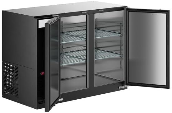 48-Inch Black Underbar Back Bar Refrigerator, LED Lighting, Galvanized Steel Top, 2-Door Commercial Beverage Cooler, 13 Cu. Ft Storage, Digital Controls