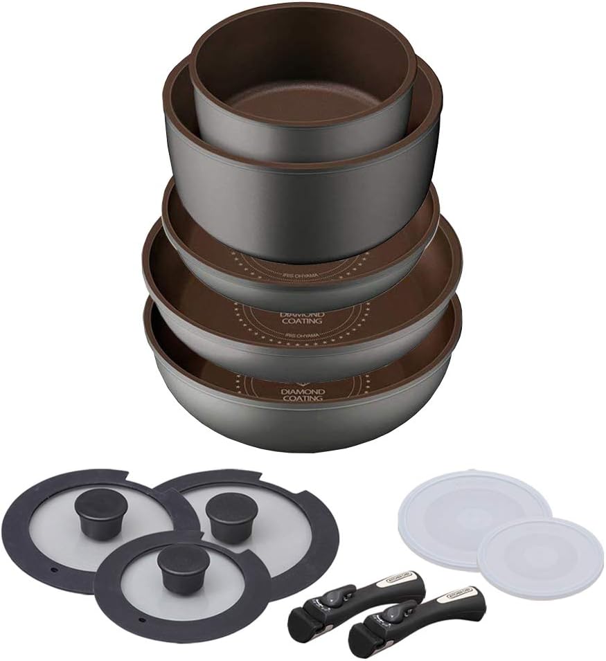 Iris Ohyama H-IS-SE12 Frying Pan Pot Set, Gas Fire, Induction Compatible, 12 Pieces, Diamond Coated, Removable Handle, Lightweight, Non-Stick, Easy Care