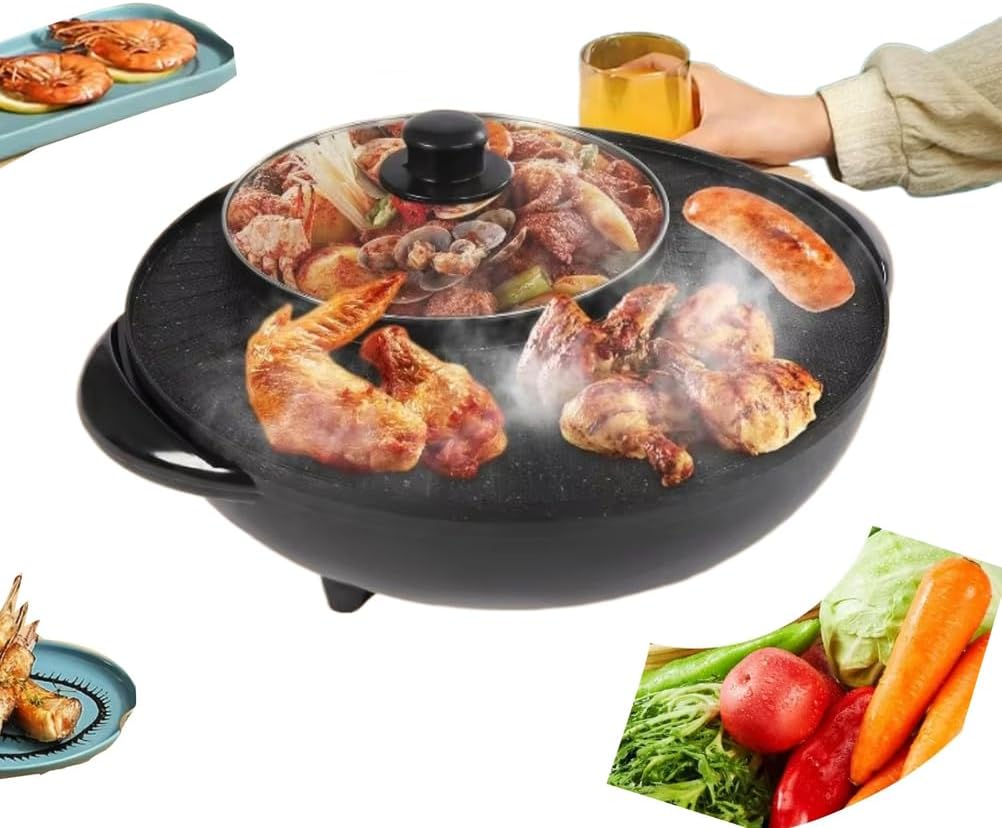 1200W Multifunction Portable Split Pot Barbecue Pan,Rinsing and Grilling Integrated Pot,Multifunctional Baking Tray with Temperature Control, for 2-8 People
