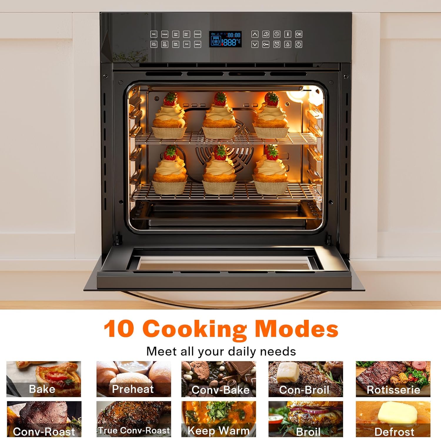 Empava 24 Inch Electric Single Wall Oven with 10 Cooking Modes, Convection Fan and Rotisserie, Screen Touch Control, Black Glass Door