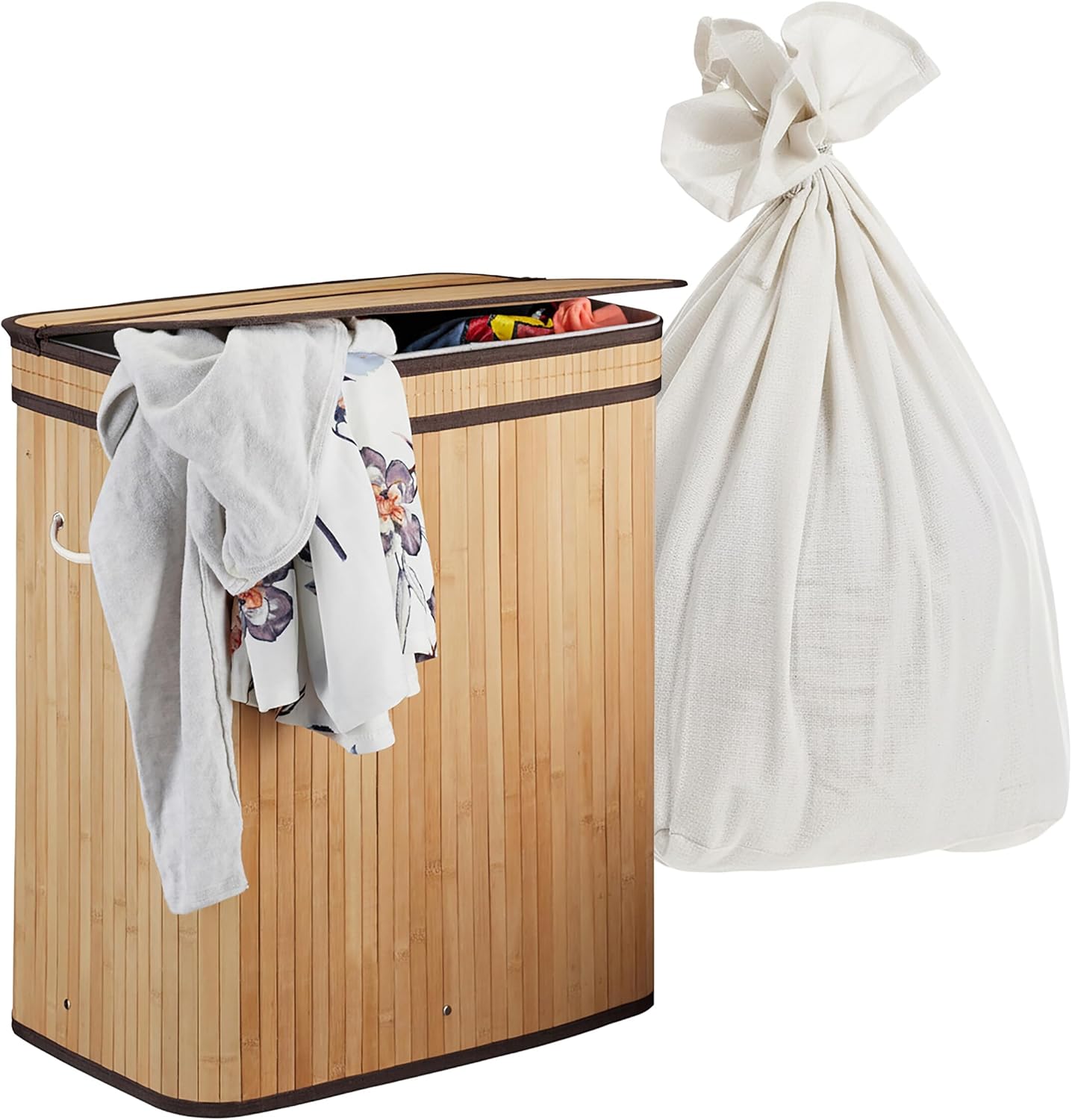 Relaxdays Laundry Basket with Lid, 3 Compartments, Bamboo, 105 L, Foldable, H x W x D: 63 x 52 x 32 cm, Laundry Sorting System, Natural