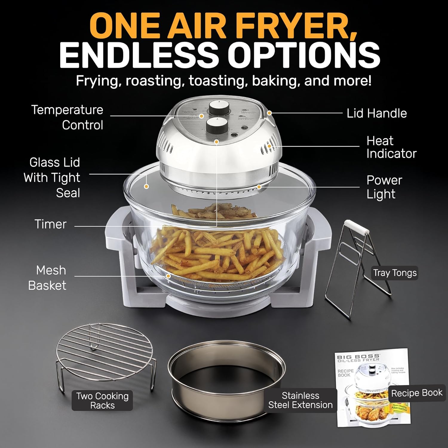 Big Boss 16Qt Large Glass Air Fryer Non Toxic – Family Sized Large Halogen Oven Cooker with 3 Cooking Sections, Stainless Steel Racks, French Fries, Chicken, No Preheat, Self Cleaning, Dishwasher Safe