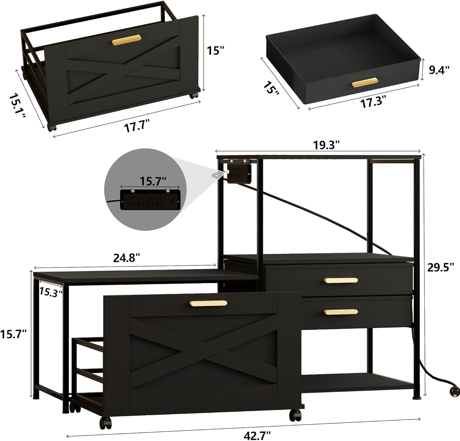 Mini Fridge Stand with Storage, Farmhouse Microwave and Mini Fridge Stand with Power Outlet & Cabinet, Kitchen Bakers Rack with Storage Shelf and Drawers for Home Dorm Office Bar, Black