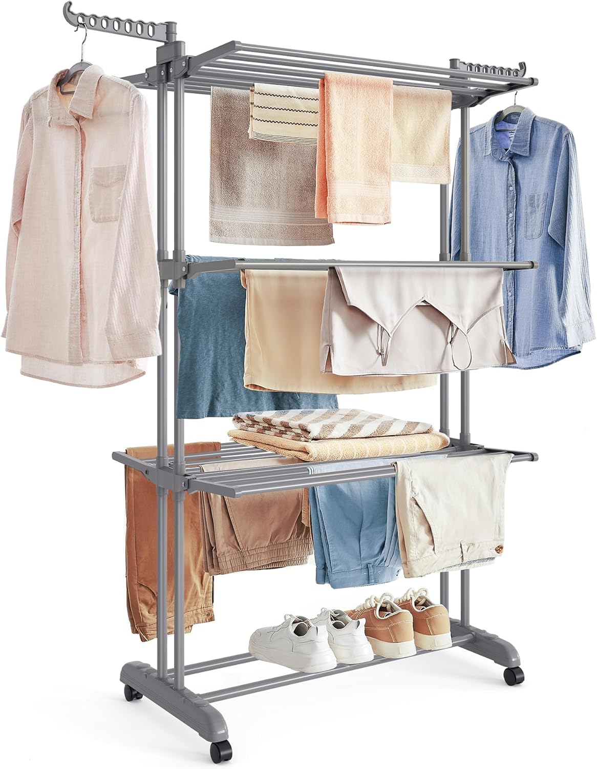 SONGMICS Clothes Drying Rack Stand 4-Tier, Foldable Laundry Drying Rack 68.1-Inch Tall, Steel, Rolling Clothes Horses Dryer Rack, Easy to Assemble, Indoor Outdoor Use, Dove Gray ULLR701G01