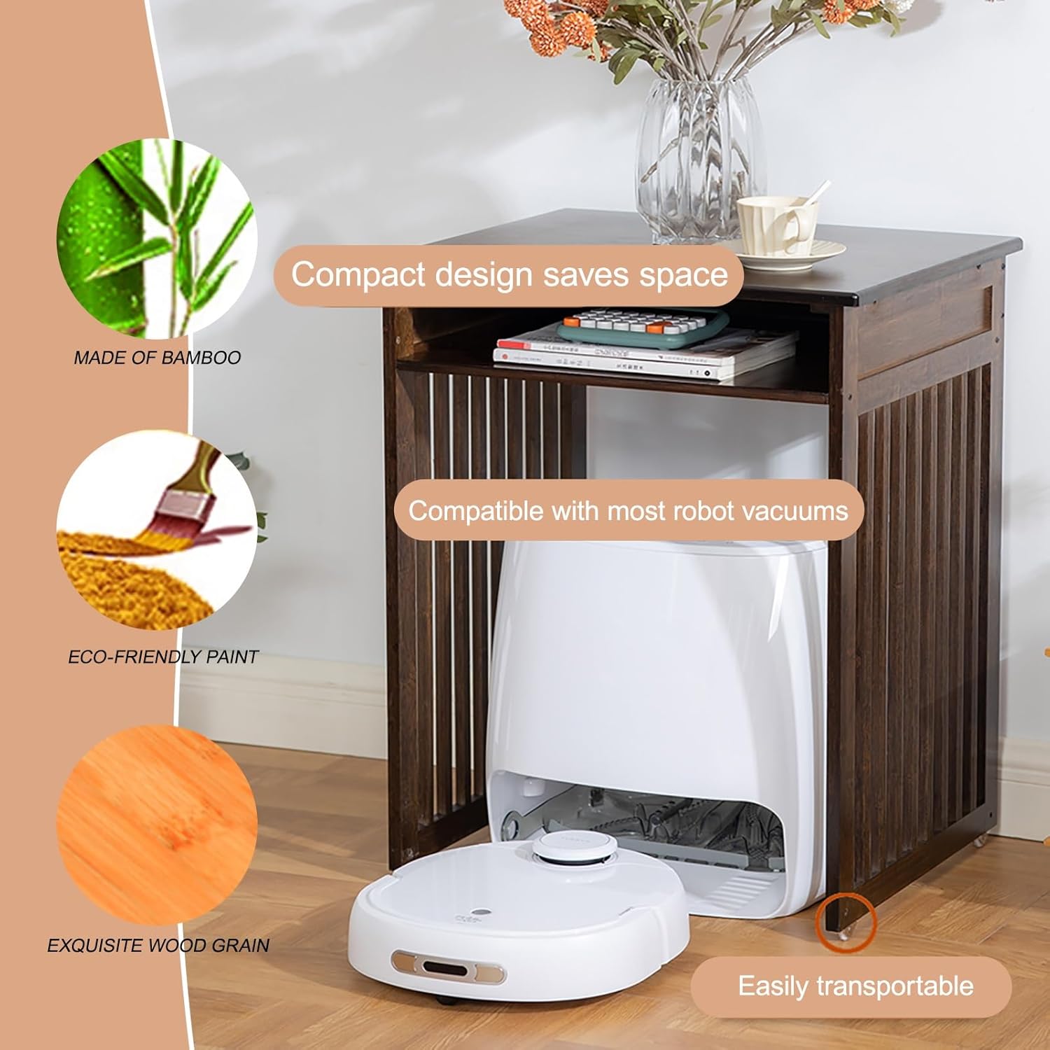 Mobile Robot Vacuum Storage Cabinet Side Table, Vacuum Hidden Open Storage Shelves Modern Side Table Storage Cabinet Compatible for Living Room Bedroom(Yellow,75cm/29.5in)