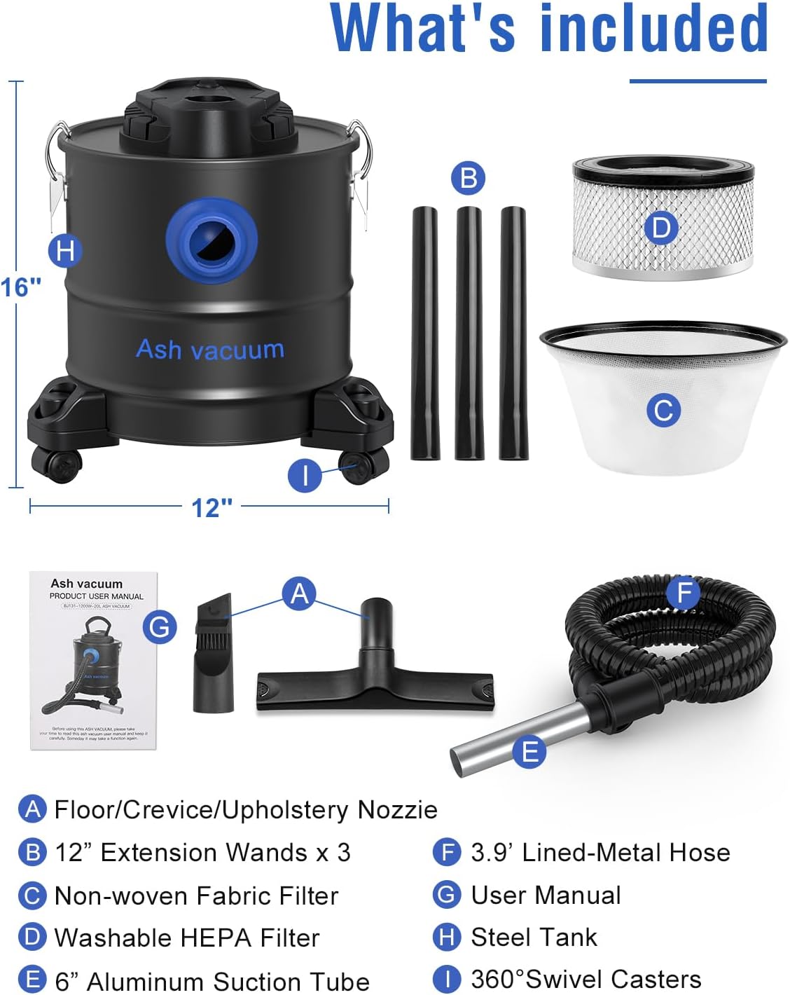 Ash Vacuum, Pellet Stove Vacuum Cleaner, 5.3 Gallon, 20kPa, 1200W Powerful Motor with Blower Function, On Wheels and HEPA Filter, The Ash Vacuum for Pellet Stoves & Wood Stoves