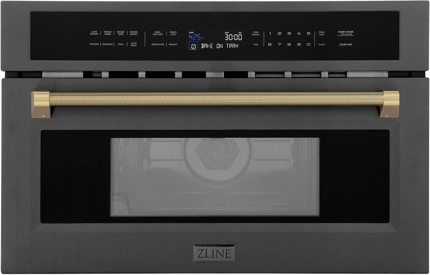 ZLINE Autograph Edition 30 in. 1.6 cu ft. Built-in Convection Microwave Oven in Black Stainless Steel and Champagne Bronze Helix Handle (MWOZ-30-BS-KCB)