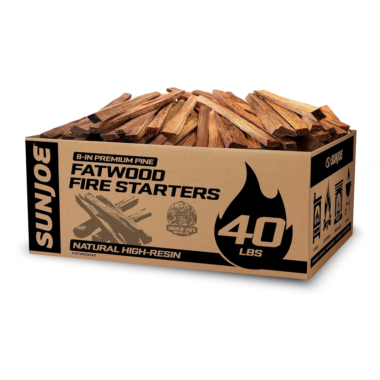 Sun Joe 40-Pound Fatwood Fire Starter Sticks, All-Natural Pine Kindling for Fireplace, Wood Stove, Pit and Grill, Made for Indoor or Outdoor Use