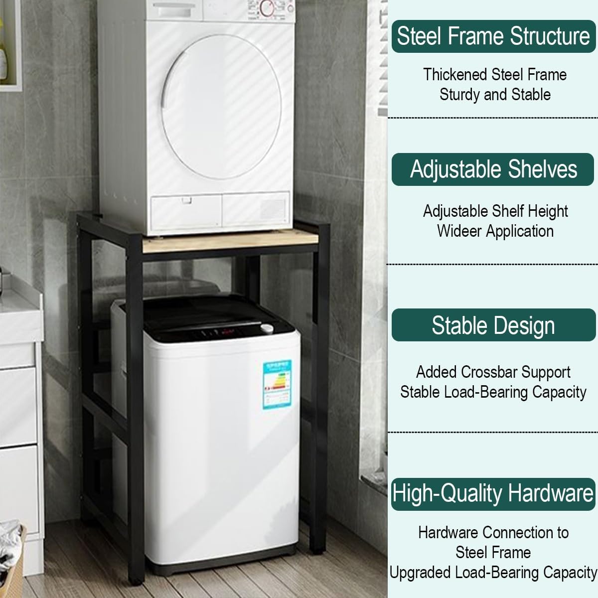 Washer Dryer Stacking Rack Stand, Heavy Duty Over Washer Dryer Shelves with Adjustable Shelf, Space Saver Stackable Storage Shelf, for Laundry Room Apartments Bedrooms(Black b)