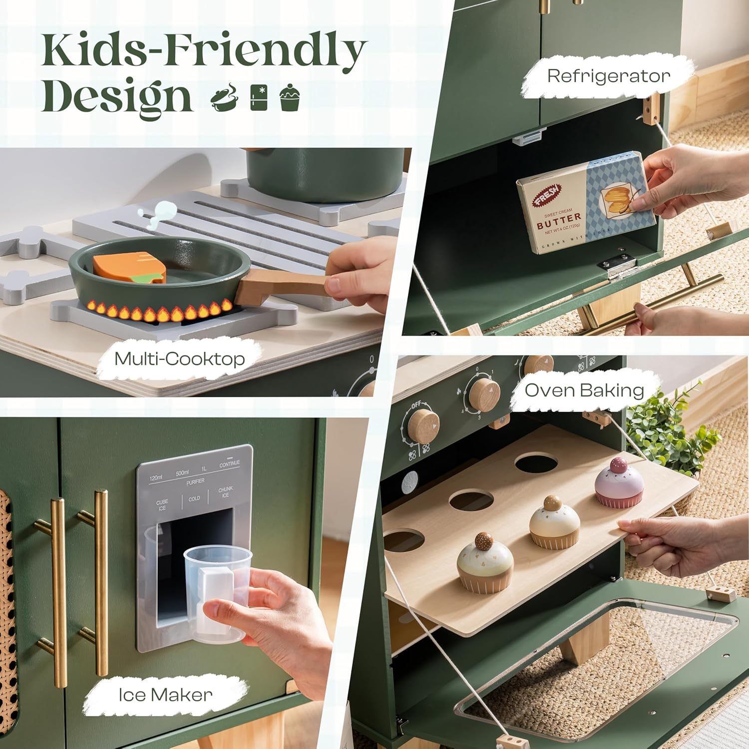 ROBOTIME Play Kitchen with Toy Fridge, Toy Oven, Wooden Kids Kitchen Play Set, Toy Kitchen Set for Kids Age 3 4 5 6 7 (Vintage Green)