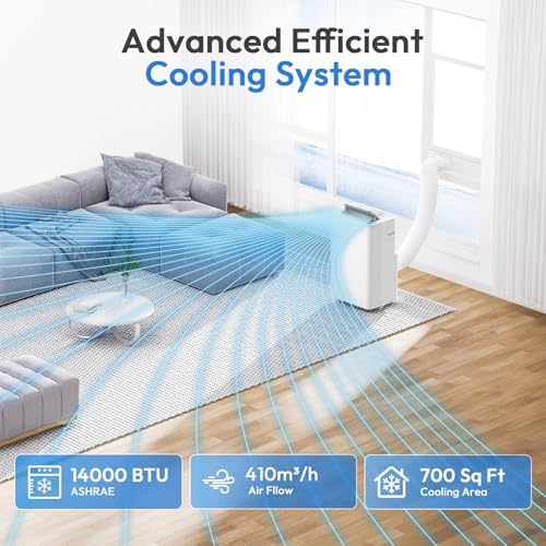 14000 BTU Portable Air Conditioner, 4-in-1 Portable AC Unit with Cooling, Dehumidifying, Fan, w/Sleep Mode, Auto Wind Swing, 24H Timer, LED Display, with Window Kit, Easy Installation & Energy Saving