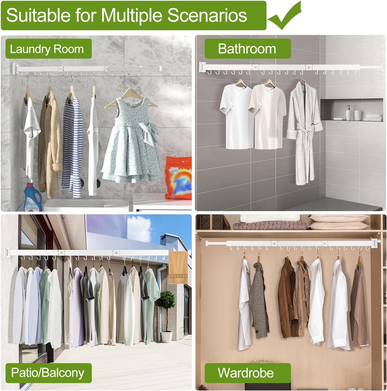 Clothes Drying Rack, Laundry Drying Rack Wall Mounted, [No-Drill & Drilling to Choose] 3-Fold Laundry Drying Racks for Hanging Clothes, Foldable & Sturdy Space Saver for Laundry Room -White